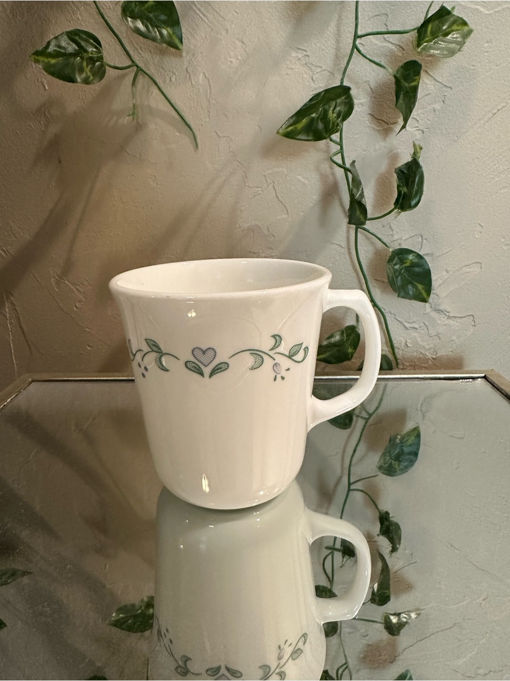 Vintage Corningware White Mug with Green Vine and Purple Heart Accent